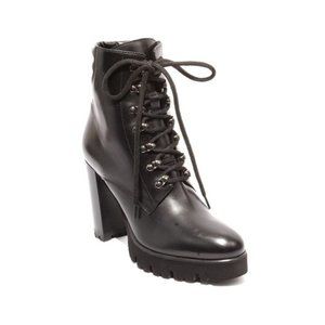 Italian Black Leather Lace-Up Zip-Up Ankle Heel Boots